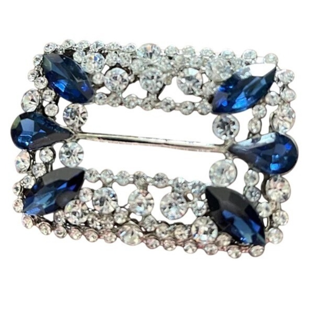 VTG Hollywood Glam Rhinestone Buckle‎ or Scarf Ring Blue Marquis Crystals